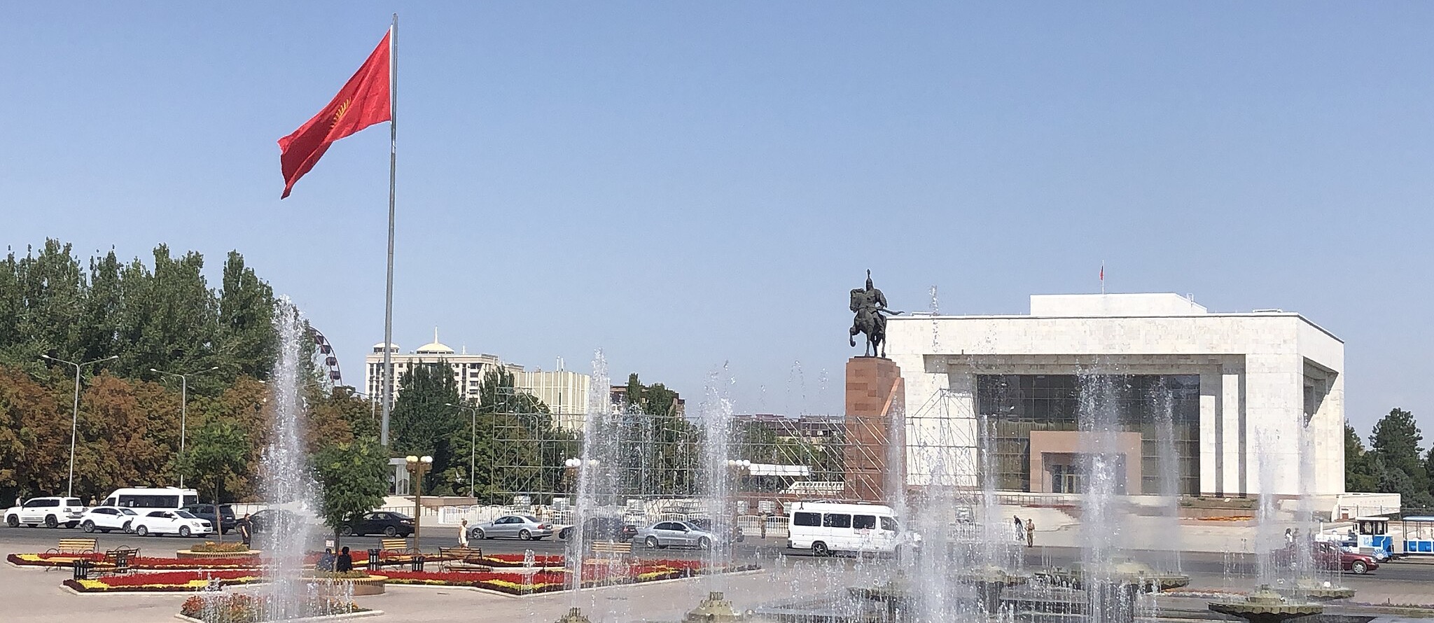 Ala-Too Square in Bishkek with Kyrgyzstan flag and Manas statue