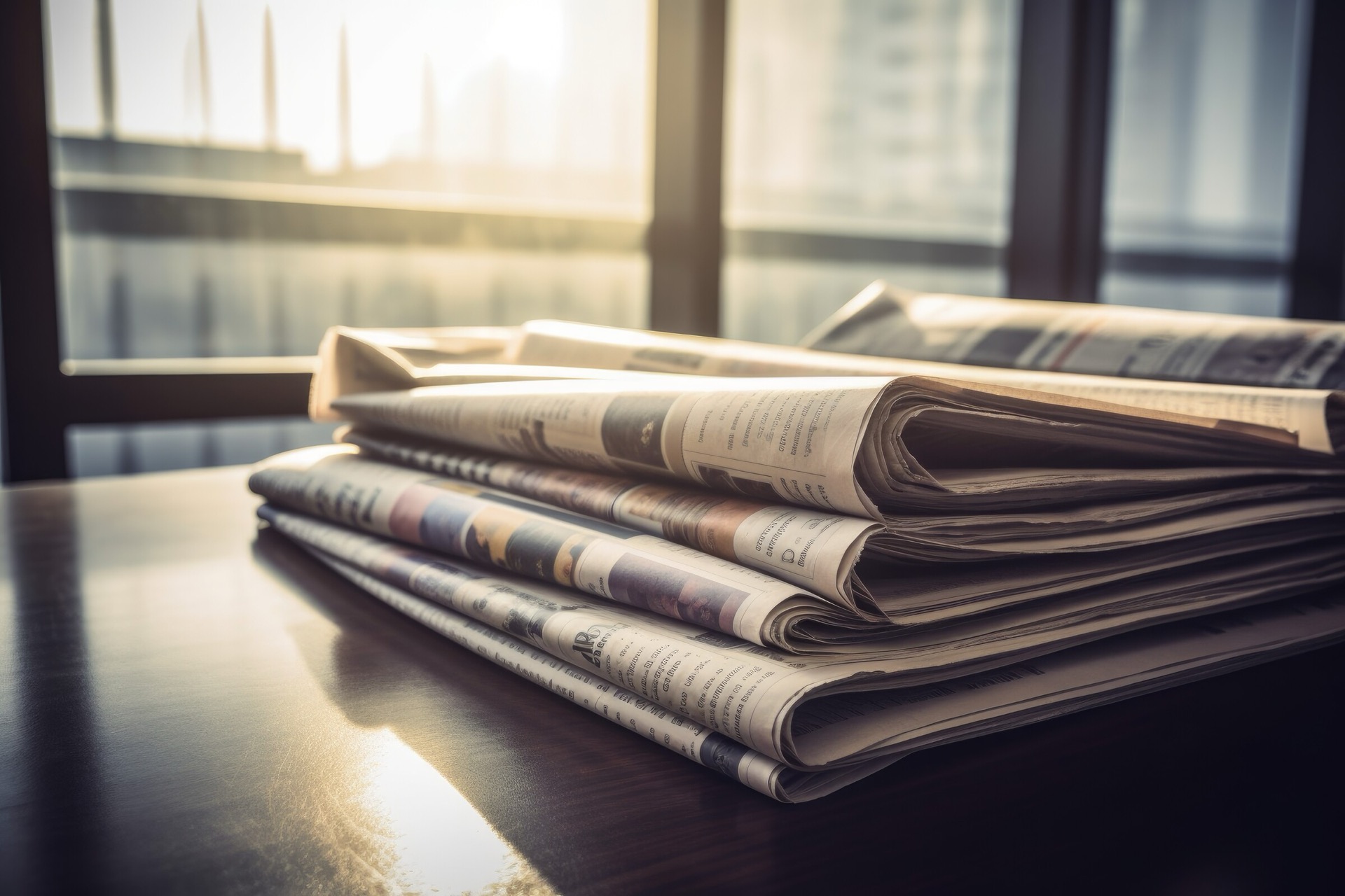 Stack of newspapers on a wooden table